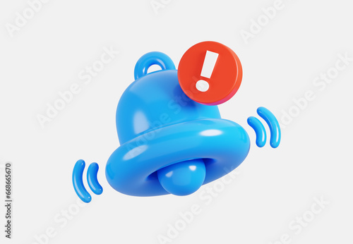 3D icon of Notification blue ringing bell with warning or error symbol.