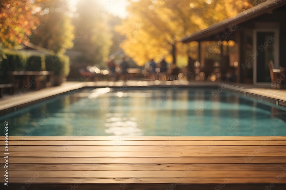 Empty wooden table top with swimming pool in background with bokeh autumn sunlight. Generative Ai.