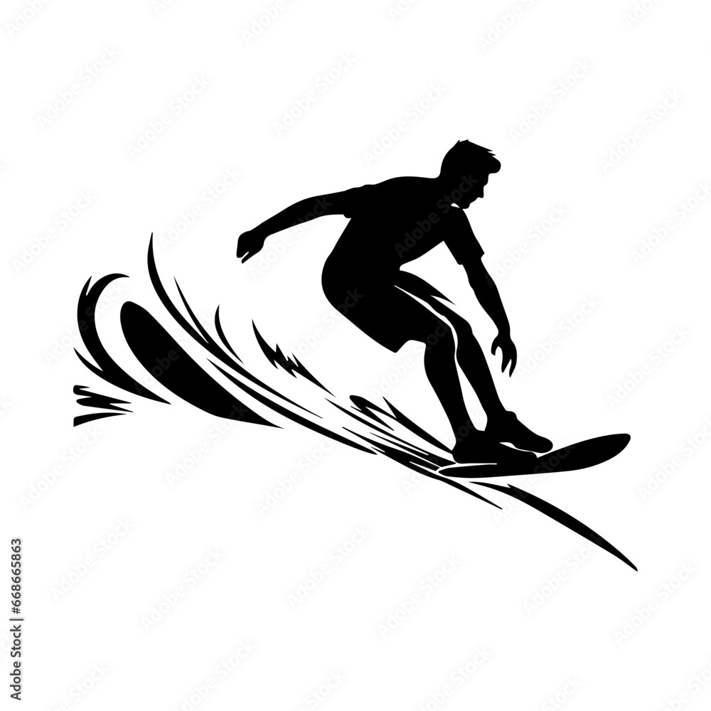 silhouettes of a surfer surfing the waves on his surfboard, Surfer and big wave vector illustrator.