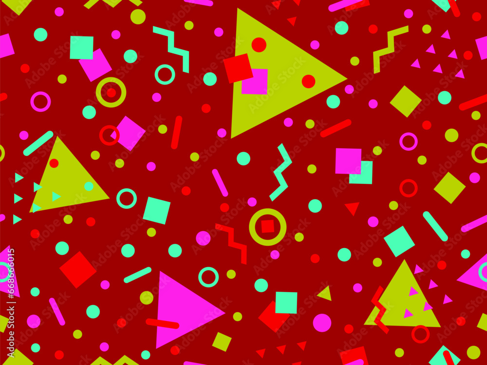 Geometric seamless pattern with memphis elements in 80s style. Colorful geometric pattern. Design of promotional products, wrapping paper and printing. Vector illustration Geometric seamless pattern with memphis elements in 80s style. Colorful geometric pattern. Design of promotional products, wrapping paper and printing. Vector illustration