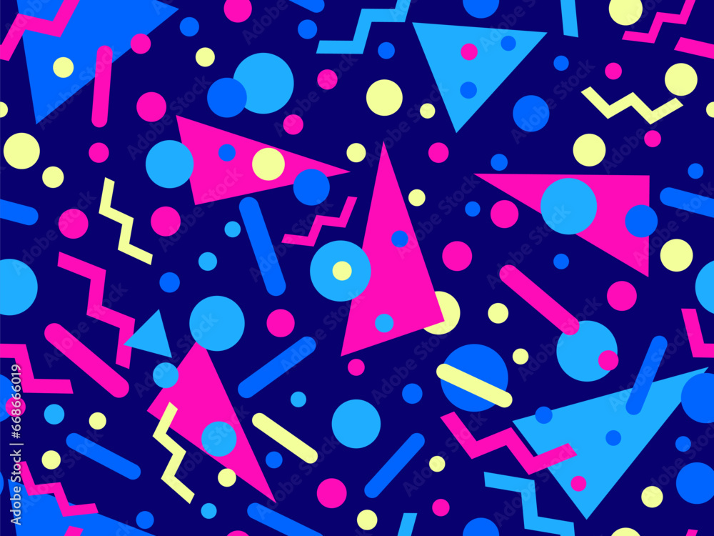 Geometric seamless pattern with memphis elements in 80s style. Colorful geometric pattern. Design of promotional products, wrapping paper and printing. Vector illustration Geometric seamless pattern with memphis elements in 80s style. Colorful geometric pattern. Design of promotional products, wrapping paper and printing. Vector illustration