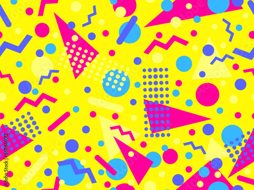 Memphis seamless pattern with geometric shapes in 80s and 90s style. Geometric shapes of different shapes and colors. Design of promotional products, wrapping paper and printing. Vector illustration