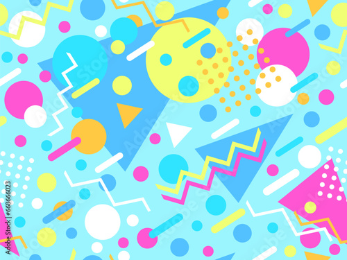 80s seamless pattern with geometric shapes in memphis style. Circles and triangles. Colorful abstract background for printing on promotional items, banners and wrapping paper. Vector illustration
