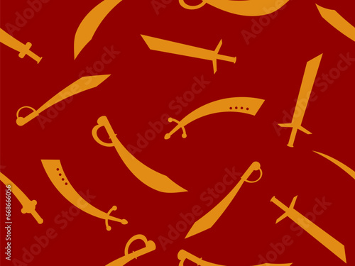 Silhouettes of swords seamless pattern. Curved and straight swords. Ancient and medieval weapons, scimitar and gladius. Design for wallpapers, banners and posters. Vector illustration