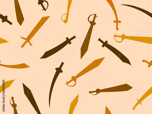 Silhouettes of swords seamless pattern. Curved and straight swords. Ancient and medieval weapons, scimitar and gladius. Design for wallpapers, banners and posters. Vector illustration