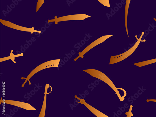 Swords seamless pattern. Curved and straight swords, gradient colors. Ancient and medieval weapons, scimitar and gladius. Design for wallpapers, banners and posters. Vector illustration
