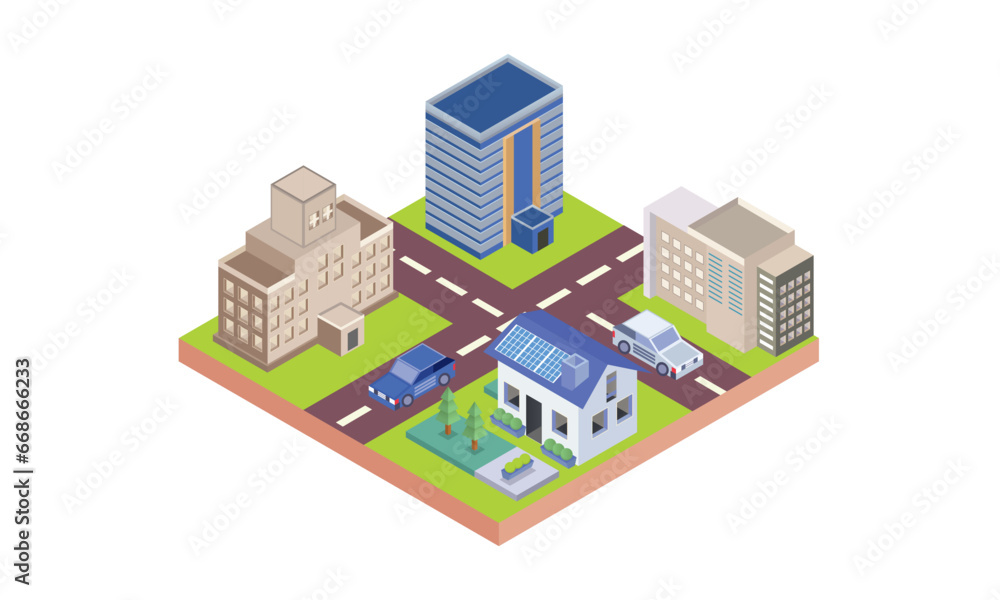 isometric City buildings and houses.on white background.3D design.isometric vector design Illustration.