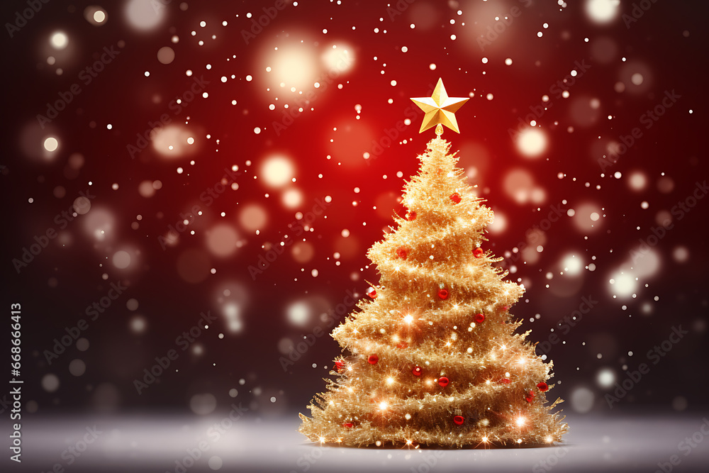 Gold Christmas tree with red bokeh background Gold Christmas tree with red bokeh background
