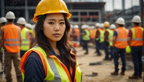 Asian woman wearing hard hat and high vis vest on contruction site © Tom