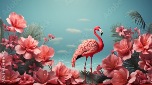 Banner background leaves with flamingo bird. Generative AI. © ProVector