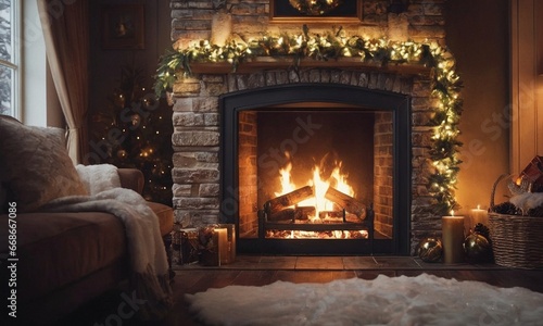 New Year s cozy evening by the burning fireplace.