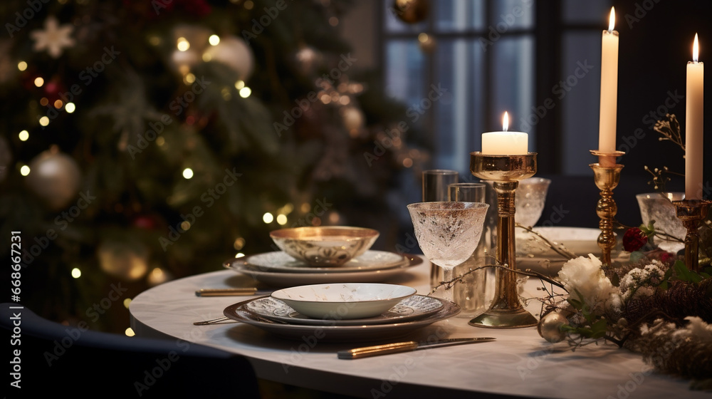 Lush Christmas ambiance; a refined table awaits guests. Generative AI Lush Christmas ambiance; a refined table awaits guests. Generative AI