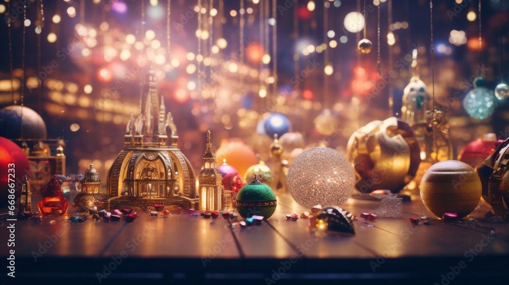 A radiant tabletop display showcases festive ornaments, mini cathedrals, and twinkling lights. Holiday magic captured in detail. generative AI
