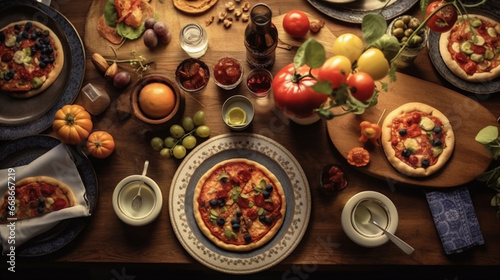 An enticing overhead shot showcases homemade pizzas laden with fresh toppings, set on a rustic wooden table amidst tomato vines, olive oil, and other delightful ingredients. generative AI