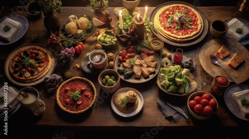 Mouthwatering homemade pizzas, loaded with fresh ingredients, steal the show in this atmospheric food ensemble. Generative AI