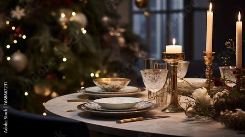 Lush Christmas ambiance; a refined table awaits guests. Generative AI