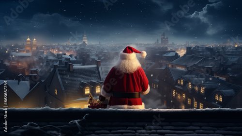 Santa, atop a city roof, readies gifts amid a snowy urban backdrop under a moonlit sky. generative AI