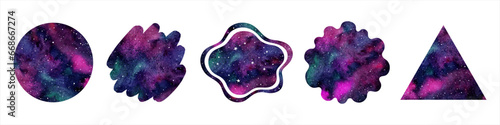 Watercolor galaxy, space, cosmic backgrounds set. Colorful shapes collection - circle, brush stroke, liqiud rounded texture, triangle. Text frame starry night sky templates, aquarelle elements.