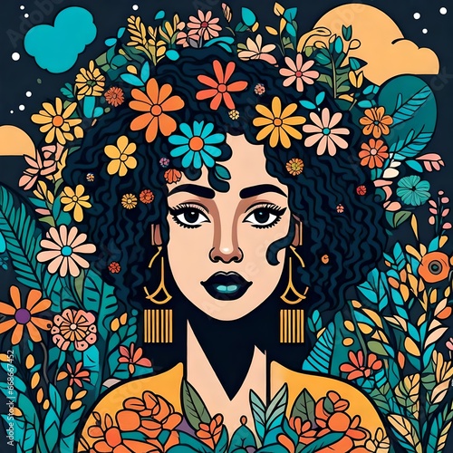 cartoon portrait of a black gorgeous woman with colored flowers surrounding her and on her head © freelanceartist
