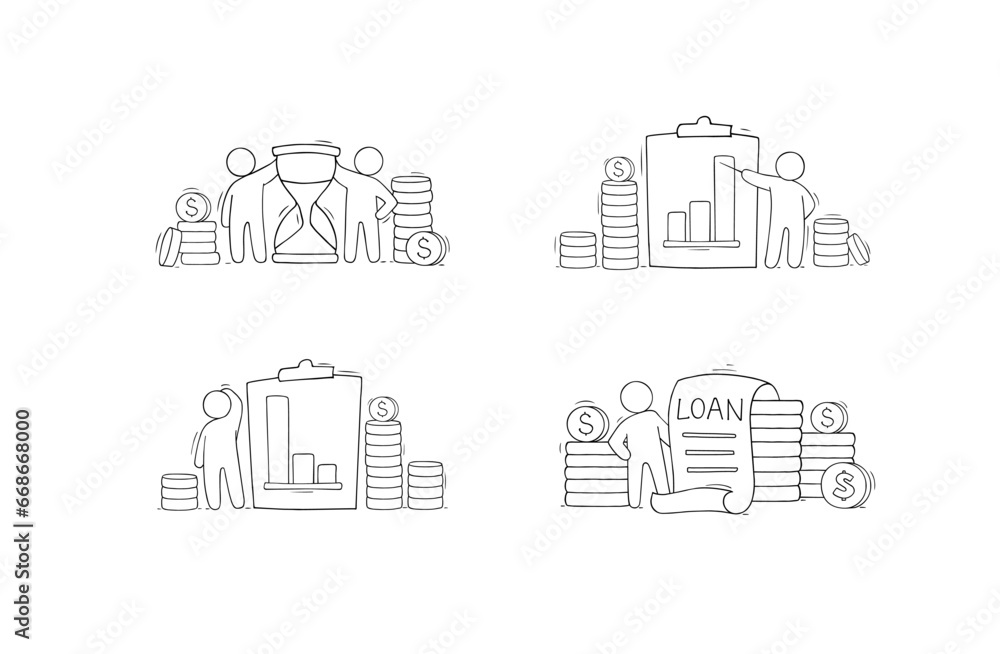 Set - money concepts with sand clock, graph on clipboard, gold coins stacks. Icon of business, economy, deposit or investment with doodle men with money and loan, vector hand drawn illustration