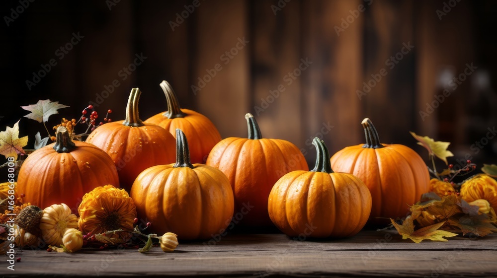 Small decorative pumpkins on wooden table fall. Generative AI. Small decorative pumpkins on wooden table fall. Generative AI.