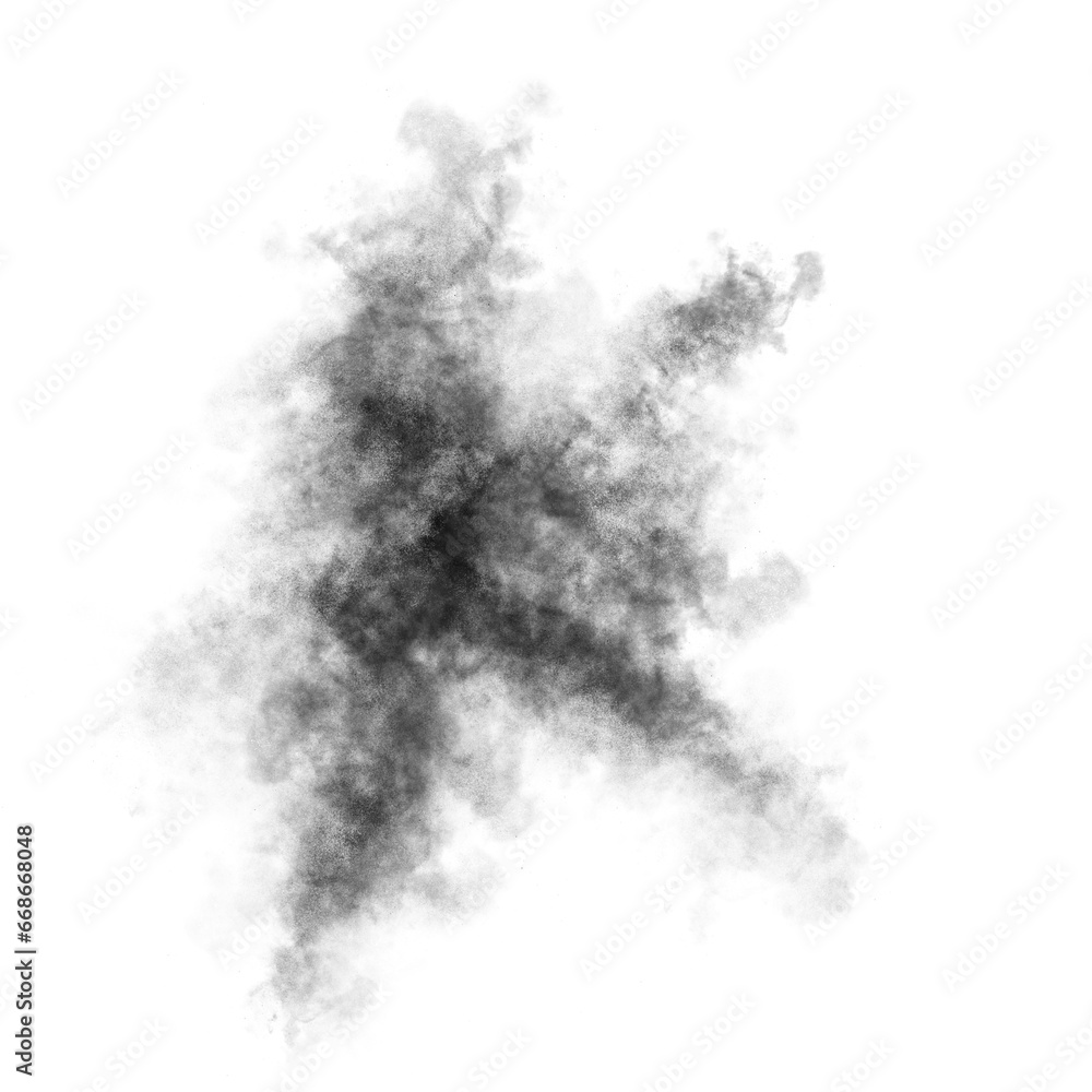 Black color powder explosion isolated on transparent background. Royalty high-quality free stock PNG image of Black powder explosion. Colorful dust explode. Paint Holi, Black dust particles splash