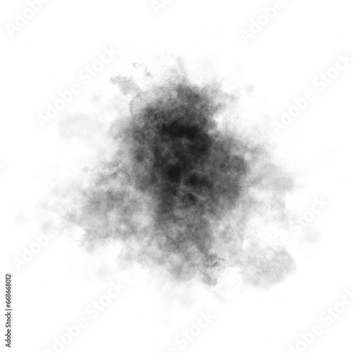 Black color powder explosion isolated on transparent background. Royalty high-quality free stock PNG image of Black powder explosion. Colorful dust explode. Paint Holi, Black dust particles splash