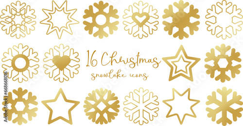 vector set of golden metallic snowflakes isolated on white background. christmas shiny snowflakes collection. new year silhouettes of winter snowflakes