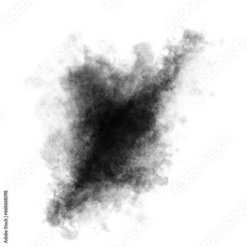 Black color powder explosion isolated on transparent background. Royalty high-quality free stock PNG image of Black powder explosion. Colorful dust explode. Paint Holi, Black dust particles splash