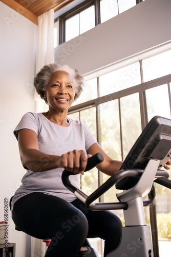Vertical photo of a senior black woman during workout on a smart exercise bike at home. She smiling and looking at camera. A scientific approach to training for maximum performance.