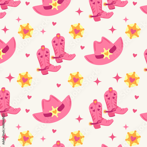 Pink cowgirl seamless print, pattern with cowgirl boots and hat. Wild West fashion style vector for invitation, wrapping paper, packaging etc.