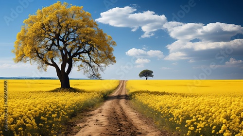 Solitary tree on field of yellow flowers. Generative AI.