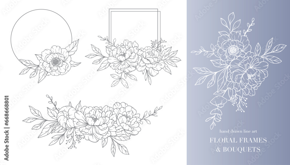 Peony Flower Line Art. Floral Frames and Bouquets Line Art. Fine Line Peony Frames Hand Drawn Illustration. Hand Draw Outline Leaves and Flowers. Botanical Coloring Page. Outline peony Isolated - obrazy, fototapety, plakaty 