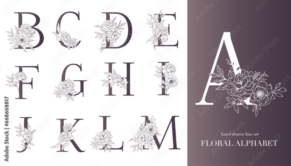 Floral Alphabet Line Art Illustration. Floral Monogram Hand Drawn Floral Alphabet Line Art Illustration. Floral Monogram Hand Drawn