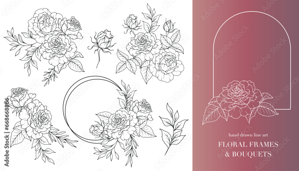 Rose Flower Line Art. Floral Frames and Bouquets Line Art. Fine Line Roses Frames Hand Drawn Illustration. Hand Draw Outline Leaves and Flowers. Botanical Coloring Page. Roses peony Isolated