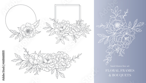 Peony Flower Line Art. Floral Frames and Bouquets Line Art. Fine Line Peony Frames Hand Drawn Illustration. Hand Draw Outline Leaves and Flowers. Botanical Coloring Page. Outline peony Isolated