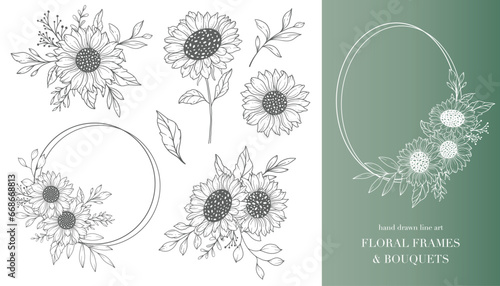 Sunflowers Line Art, Sunflower Frames. Floral Frames and Bouquets Line Art. Fine Line Sunflower Bouquets Hand Drawn Illustration. Coloring Page with SunFlowers. 