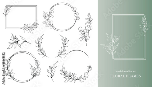 Eucalyptus Line Art. Floral Frames and Bouquets Line Art. Fine Line Eucalyptus Frames Hand Drawn Illustration. Hand Draw Outline Leaves and Flowers. Botanical Coloring Page. Eucalyptus Isolated