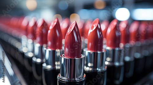 Close Up Lipstick During the Production Process in a Modern Factory Cosmetics Production Blurry Background