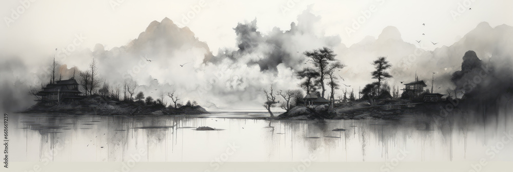 Black ink paint of lake and mountains. Oriental  minimalistic Japanese illustrative style. copyspace for your text. - obrazy, fototapety, plakaty 