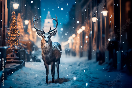 Santa's magical reindeer walks down the street of Christmas Town.