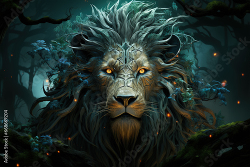 A majestic Transvaal Lion silently stalking its prey through the misty, ancient ruins of a temple, the crumbling stones and overgrown vegetation creating a sense, Generative Ai