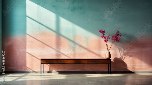 Minimalist room with pink textured walls, sunlight casting shadows, wooden table and vibrant floral vase.