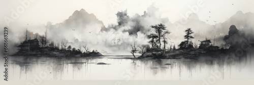Black ink paint of lake and mountains. Oriental minimalistic Japanese illustrative style. copyspace for your text.