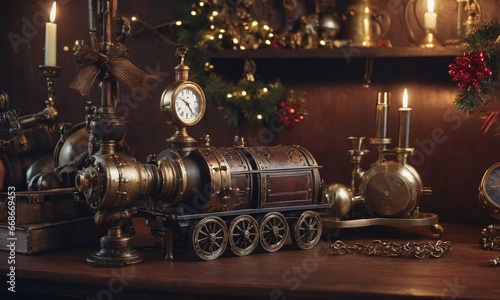 New Year in steampunk style. Mechanisms, gears and Christmas decorations
