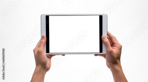 Close-up of male hands holding digital tablet with blank white screen isolated on white background