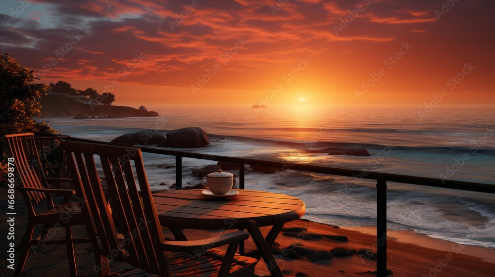 Sunrise at beach with coffee. Generative AI. Sunrise at beach with coffee. Generative AI.