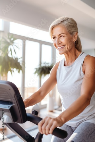 A scientific approach to training for maximum performance. Vertical photo of a smiling mature Scandinavian woman during workout on a smart exercise bike at home.