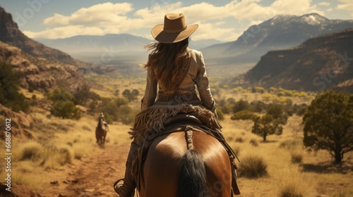 The back view of a cowboy riding a horse. Generative AI. photo