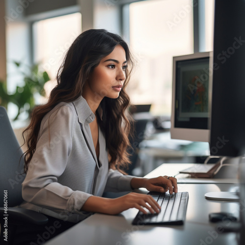 Hispanic Latino Latina Indian Arabic Mexican Female working in an office sitting using the computer